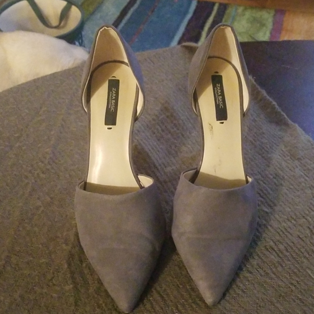 Gray suede high heel pumps